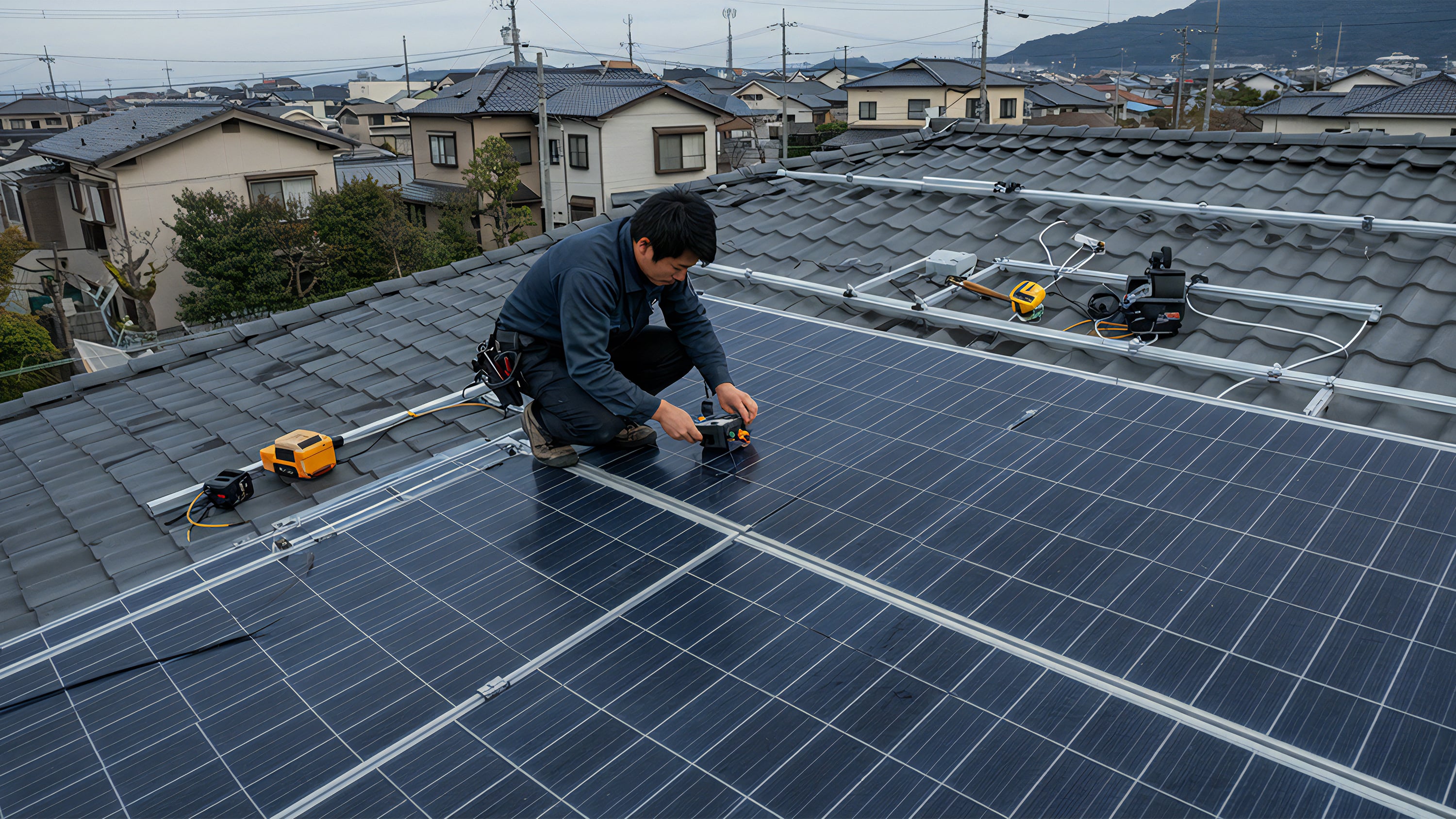 屋根に太陽光パネルを設置する作業